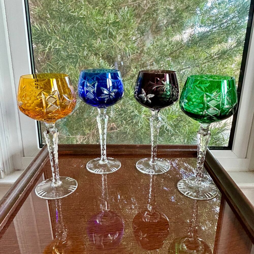Vintage Cut to Clear Crystal Wine Goblets Set of 4 Traube Bohemian